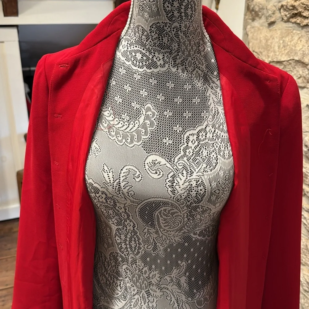 Elegant Red Women's Long Lined Rhinestone Front Buttoned Jacket - Picture 6 of 10